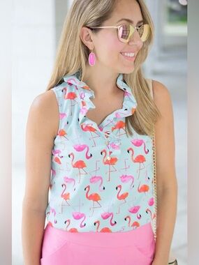 Mud Pie Mint Sleeveless Flamingo Ruffle Collar Blouse XS-S